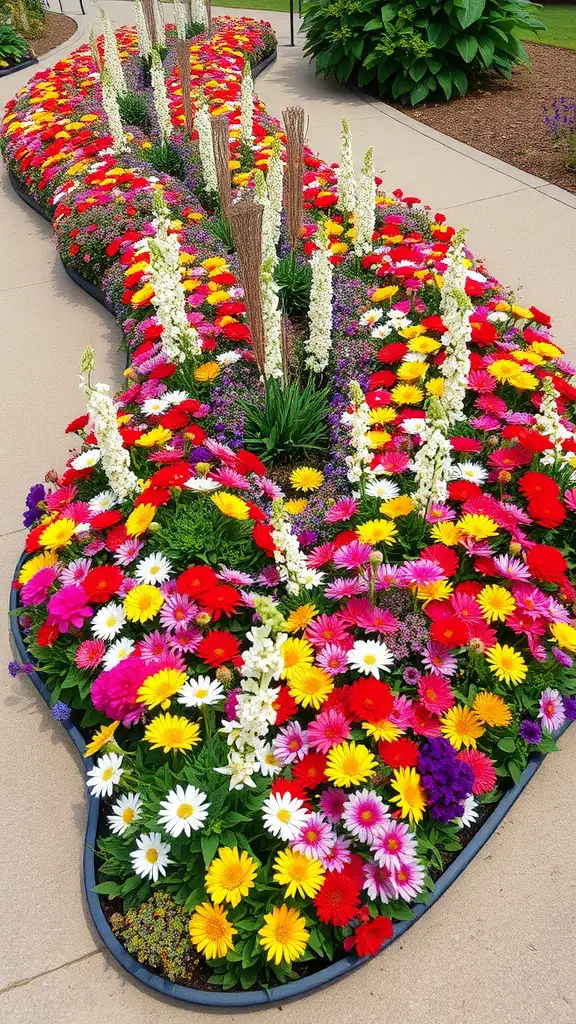17 Creative Curved Flower Bed Ideas to Enhance Your Garden 8 A vibrant curved flower bed filled with colorful annual flowers in various shades.