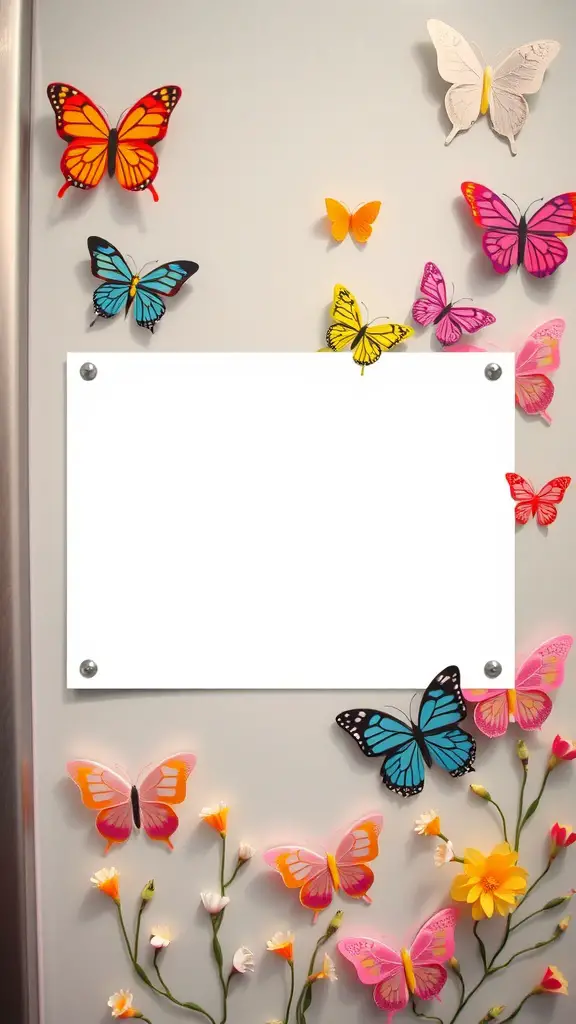 Colorful butterfly magnets on a fridge with flowers
