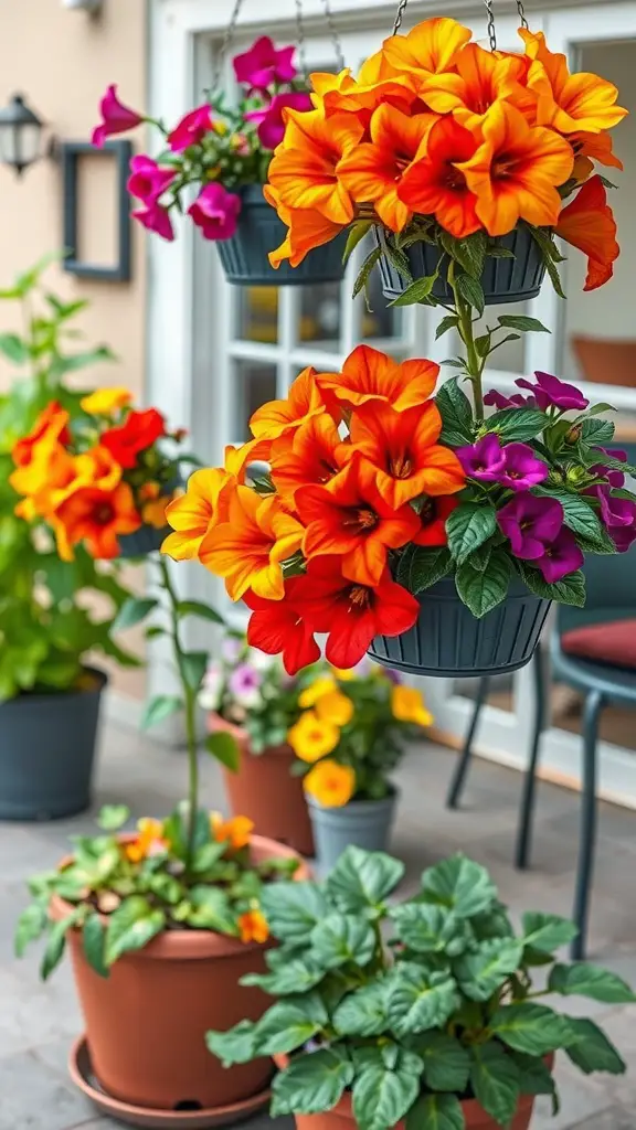 Colorful Calibrachoa flowers in hanging pots and garden containers.