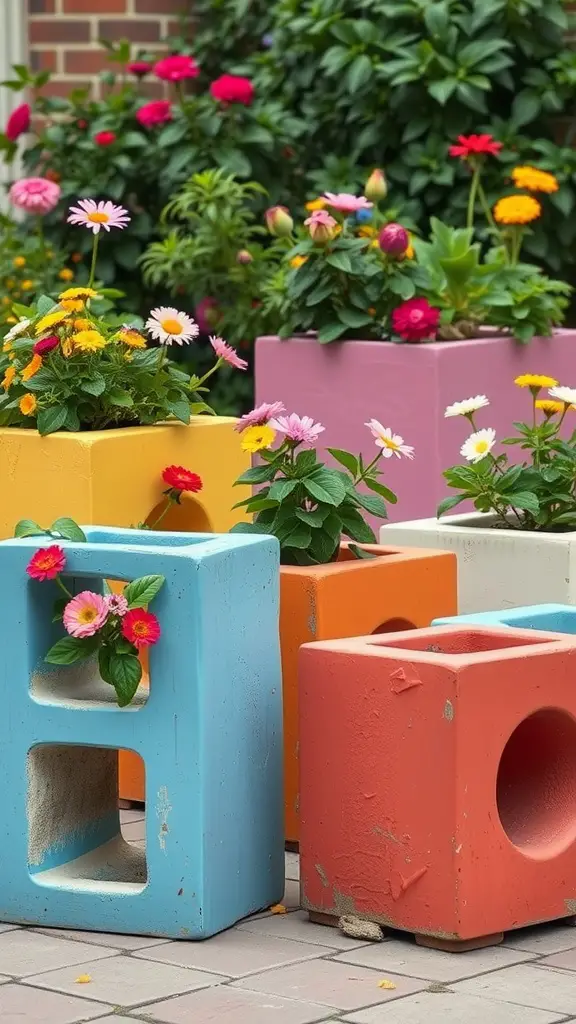 Colorful cinder blocks painted in blue, orange, yellow, and pink with flowers planted in them.