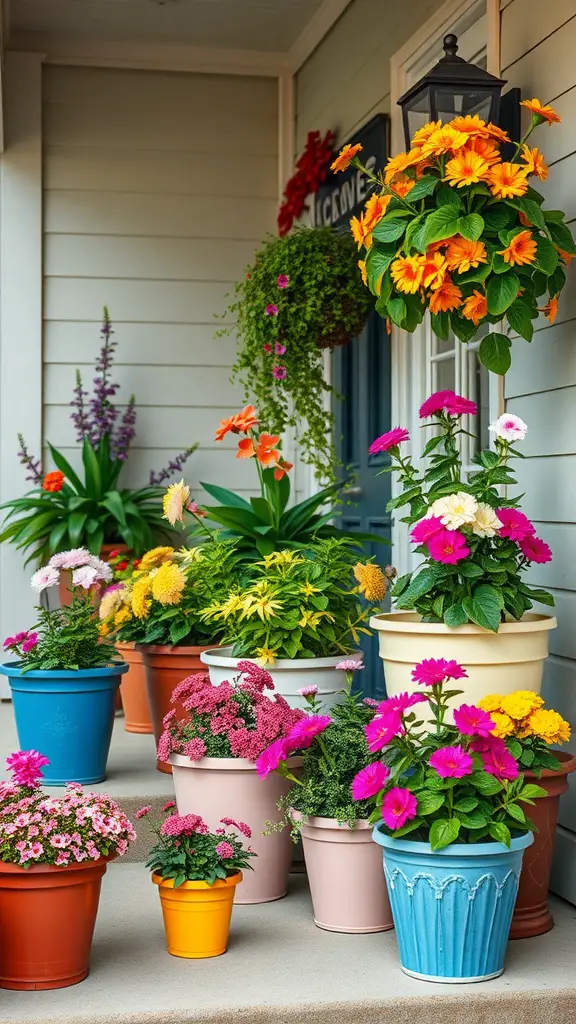 A vibrant arrangement of colorful flower pots on a front porch.