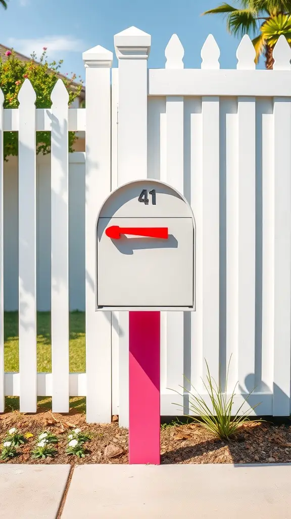 23 Modern Mailbox Ideas to Elevate Your Curb Appeal 5 A colorful contemporary mailbox with a gray box and pink post in front of a white picket fence.