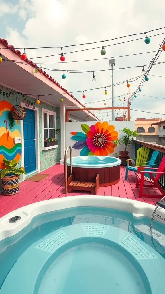 15 Stunning Deck Ideas Featuring Luxurious Hot Tubs 13 Colorful deck with a hot tub and artistic floral mural