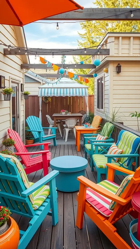 Colorful outdoor deck with vibrant furniture, featuring chairs in blue, red, and orange, and decorative string lights.