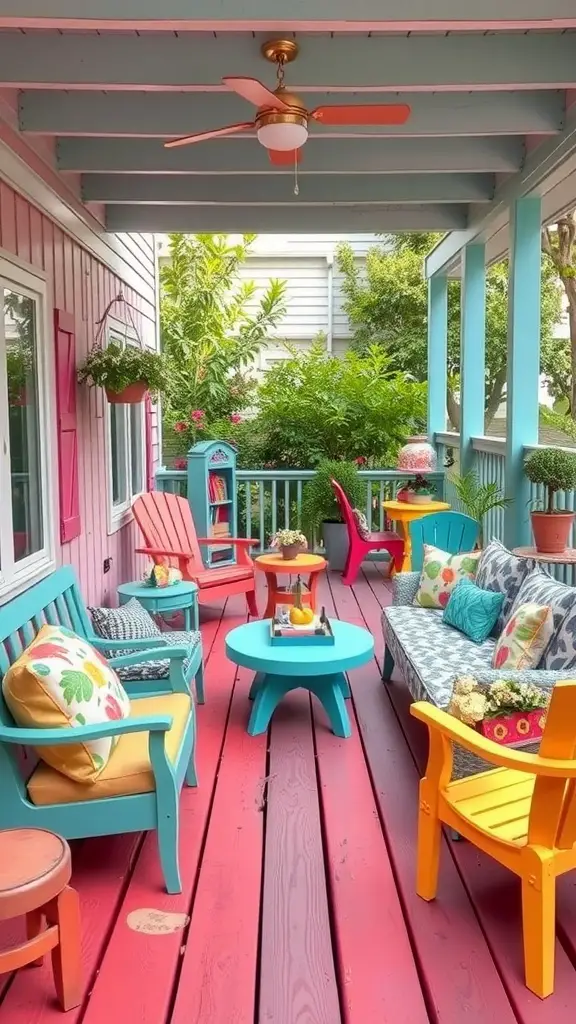 A colorful deck featuring vibrant outdoor decor with bright furniture and plants.