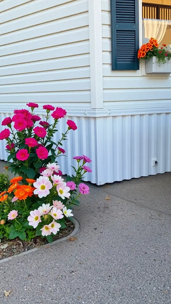 Colorful flower beds with pink, orange, and white flowers along the skirting of a mobile home.