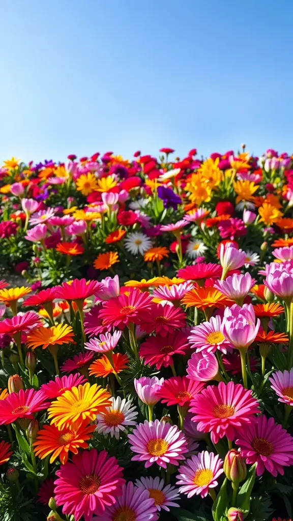27 Creative Landscaping Ideas to Transform Your Outdoor Space 9 A vibrant flower bed filled with pink, yellow, and orange flowers against a blue sky.