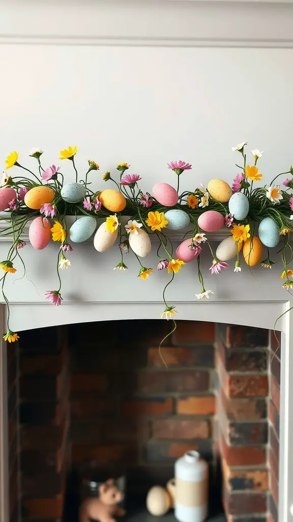 21 Easter Mantels Fireplaces That Will Wow Your Guests! 3 Colorful garland with pastel eggs and flowers on a fireplace mantel