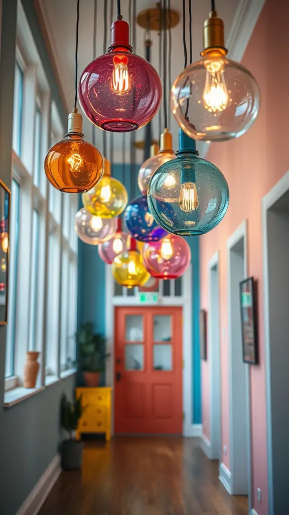 A collection of colorful glass pendant lights hanging in a hallway