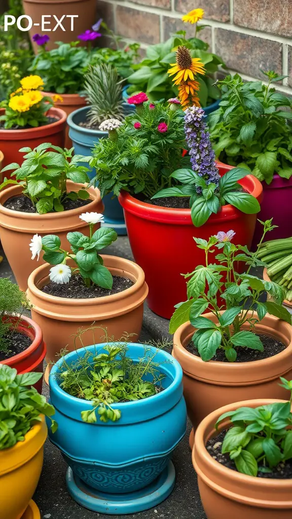 A vibrant display of clay pots filled with various herbs and flowers in a garden setting.