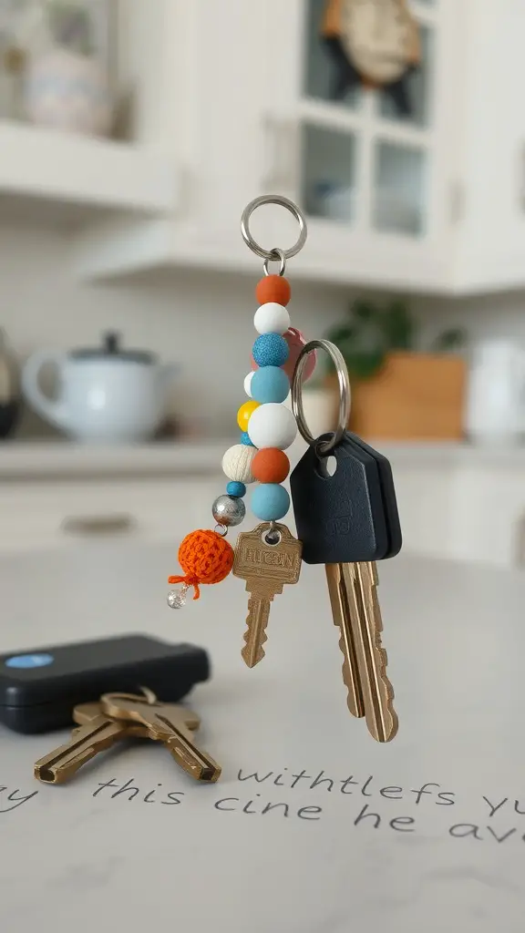 25 Thoughtful Mother's Day Gifts for Preschool Moms 21 Colorful keychain made by a child featuring vibrant beads and keys.