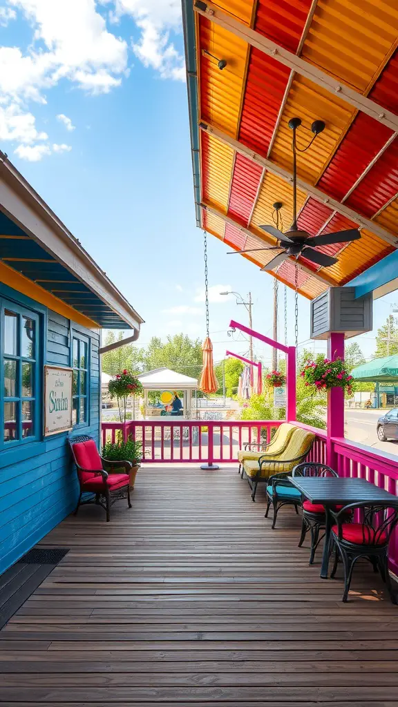 A colorful metal roof above a wooden deck with vibrant furniture and planters.