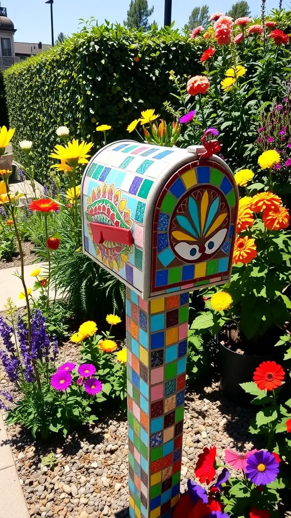 21 Creative DIY Mailbox Post Ideas for a Unique Curb Appeal 7 A vibrant mosaic tile mailbox post surrounded by flowers in a garden.