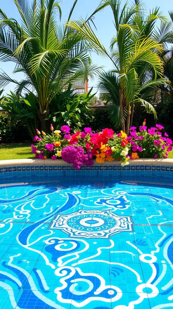 25 Amazing Backyard Pool Ideas for Your Dream Oasis 6 Colorful mosaic tiled pool with blue water, surrounded by tropical plants and vibrant flowers
