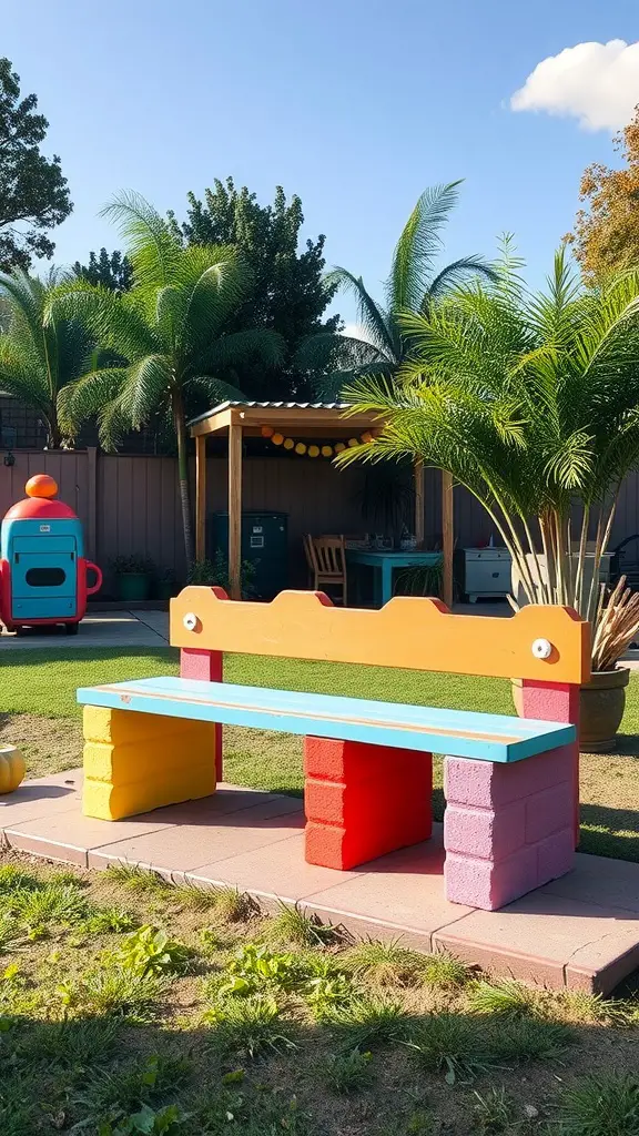 17 Creative Cinder Block Bench Ideas for Your Outdoor Space 9 Colorful painted cinder block bench in a garden setting