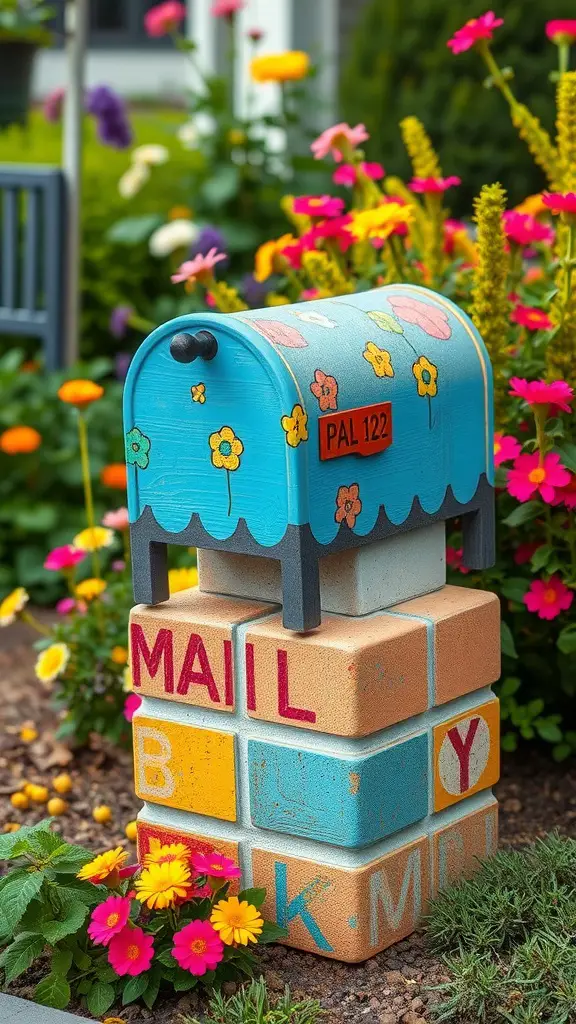 21 Creative DIY Mailbox Post Ideas for a Unique Curb Appeal 21 Colorful mailbox on a painted cinder block base surrounded by flowers