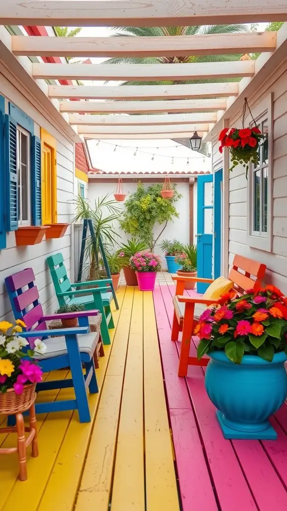 15 Creative Garden Decking Ideas for Your Outdoor Space 8 A colorful garden decking area with pink and yellow planks, vibrant chairs, and flower pots.