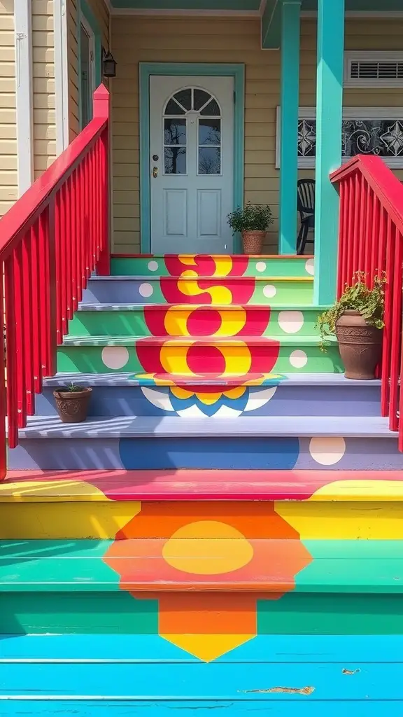 Colorfully painted deck steps with vibrant patterns and colors