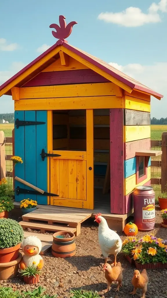 A colorful pallet chicken coop with a rooster weathervane, surrounded by potted plants and chickens.