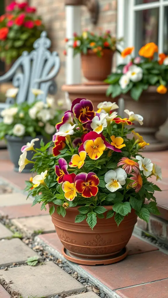 A vibrant collection of potted pansies in colorful hues on a patio.