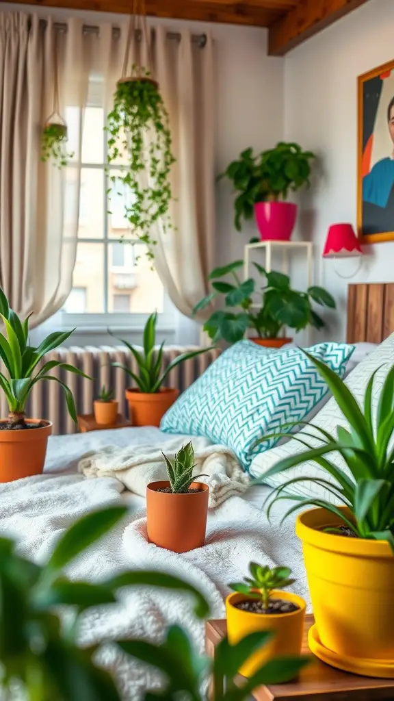 A cozy bedroom filled with colorful plant pots and greenery.