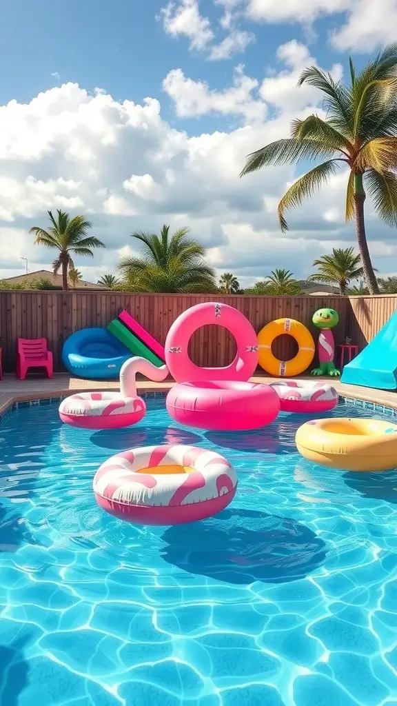 27 Stunning Pool Deck Decorating Ideas to Transform Your Outdoor Space 17 A vibrant pool scene featuring colorful floats and toys, including a pink flamingo and various inflatable rings.