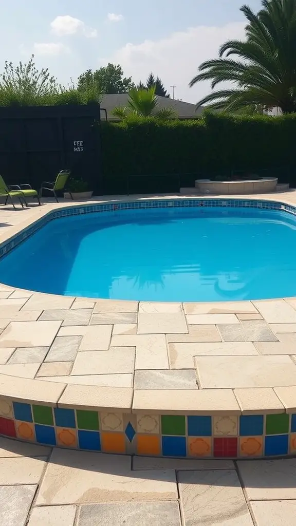 17 Stunning Above Ground Pool Deck Ideas You'll Love 8 Colorful tile accents around a blue above-ground pool