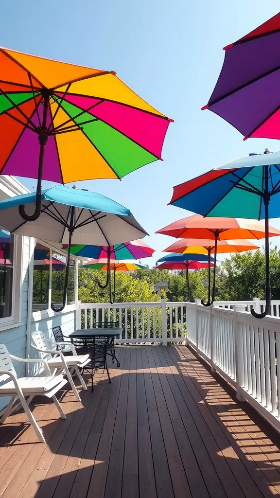 A deck with colorful umbrellas in shades of pink, orange, green, and blue providing shade.