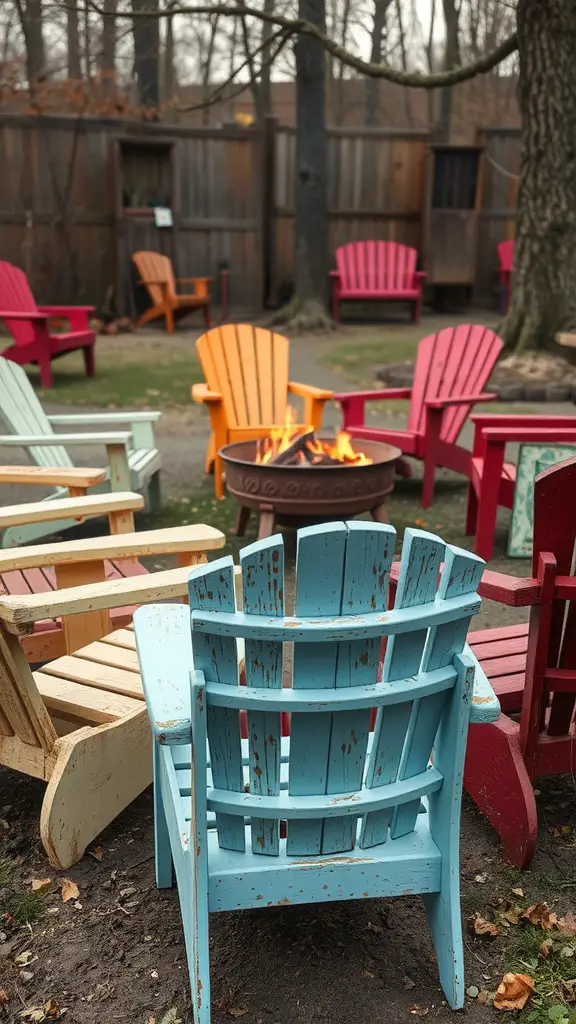 25 Cozy Fire Pit Seating Ideas for Ultimate Outdoor Comfort 27 A group of colorful vintage chairs arranged around a fire pit, set in a natural outdoor setting.