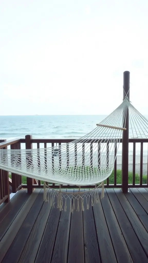 A hammock set up on a wooden deck with an ocean view.