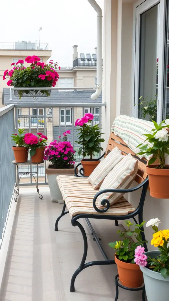 25 Creative Garden Bench Ideas to Enhance Your Outdoor Space 15 A cozy balcony featuring a compact wooden bench with striped cushions, surrounded by colorful flower pots and hanging plants.