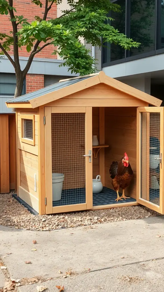 A compact wooden walk-in chicken coop with an open door and a chicken outside.