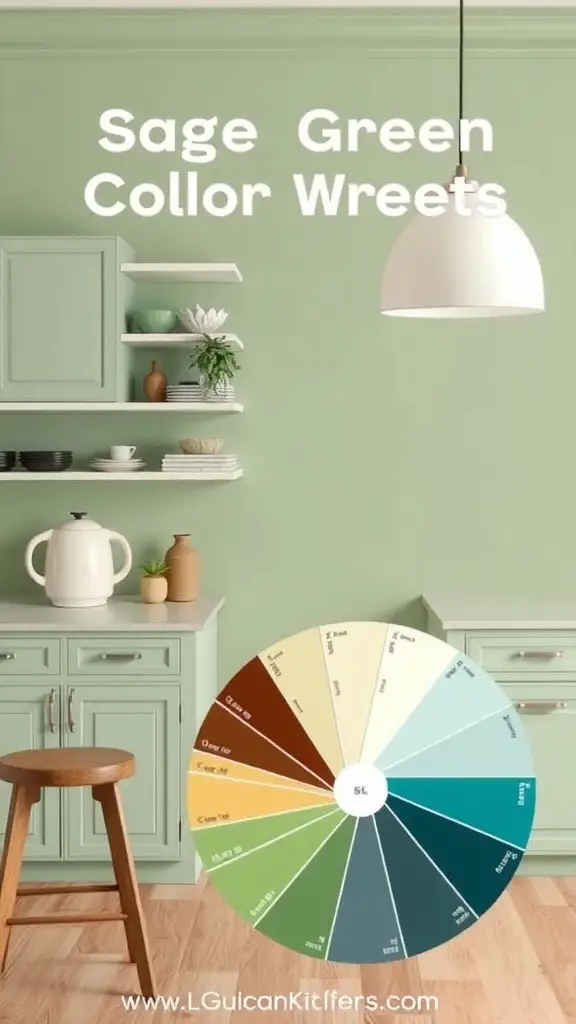 29 Stunning Sage Green Kitchen Cabinet Ideas for a Fresh Look 5 A kitchen with sage green cabinets, featuring a color wheel showing complementary color palettes.