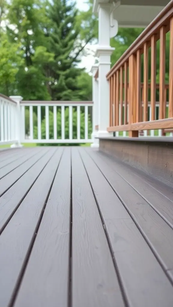 A close-up of a deck featuring composite material skirting, with a dark floor and wooden railing.