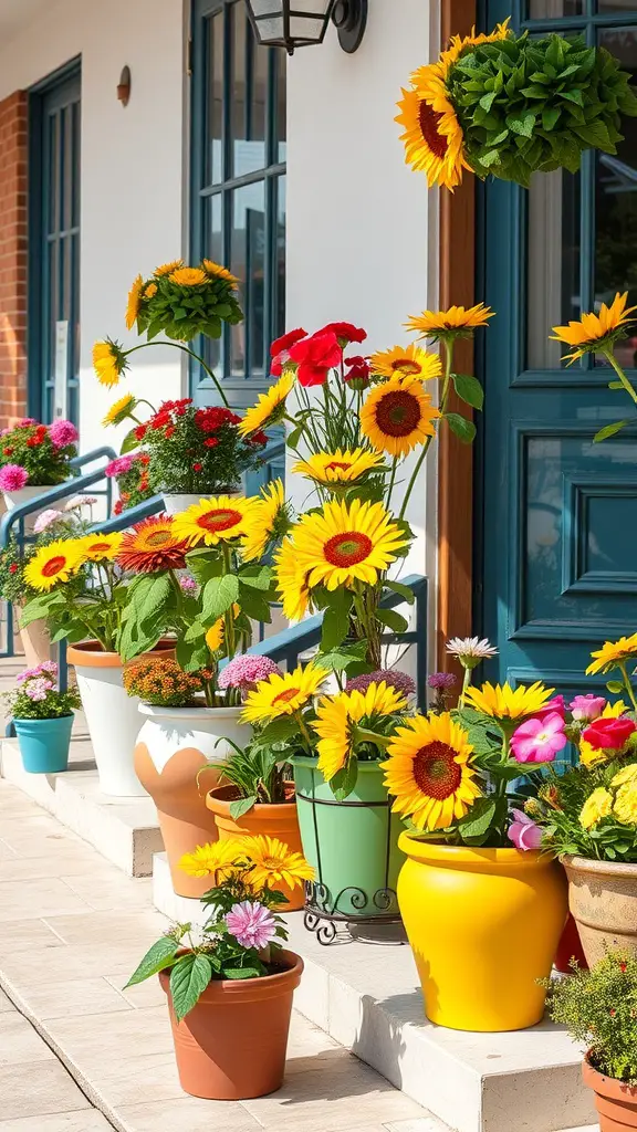 A vibrant container garden featuring sunflowers and various colorful flowers on a porch.