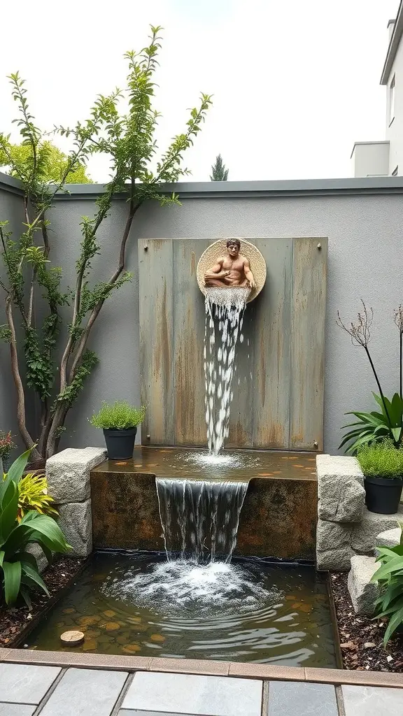 A contemporary water feature with cascading water and a decorative figure, surrounded by plants in a backyard setting.