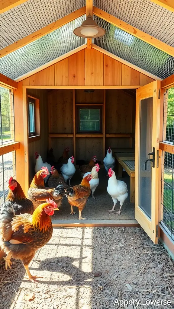 A chicken coop with an integrated run, featuring chickens roaming outside and a spacious interior.