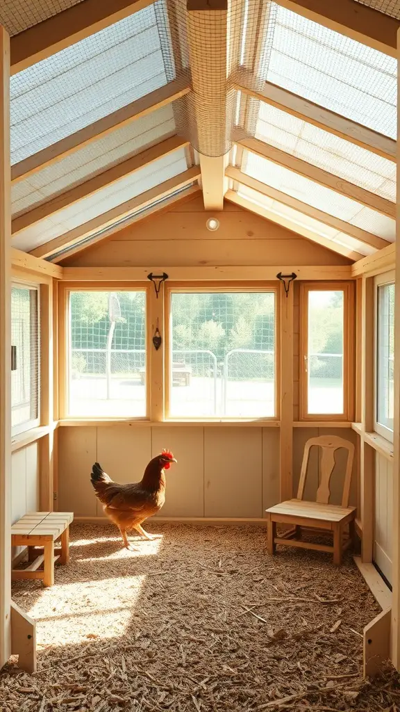 Interior of a chicken coop featuring natural ventilation and a hen.