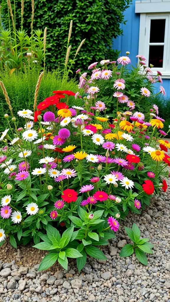A vibrant flower bed with a variety of colorful flowers surrounded by gravel, set against a blue house.