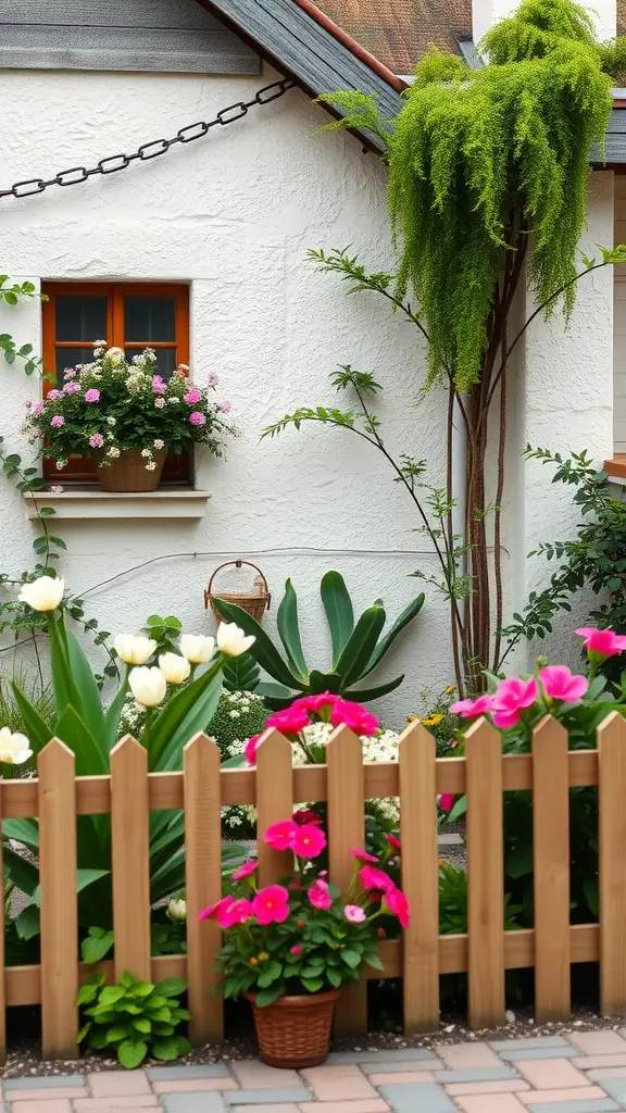 A cozy cottage-style garden featuring colorful flowers, a wooden fence, and a window box.