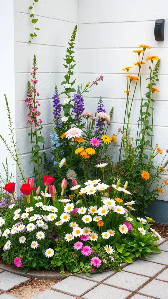 A colorful corner flower bed featuring daisies, tulips, and other vibrant flowers against a white wall.