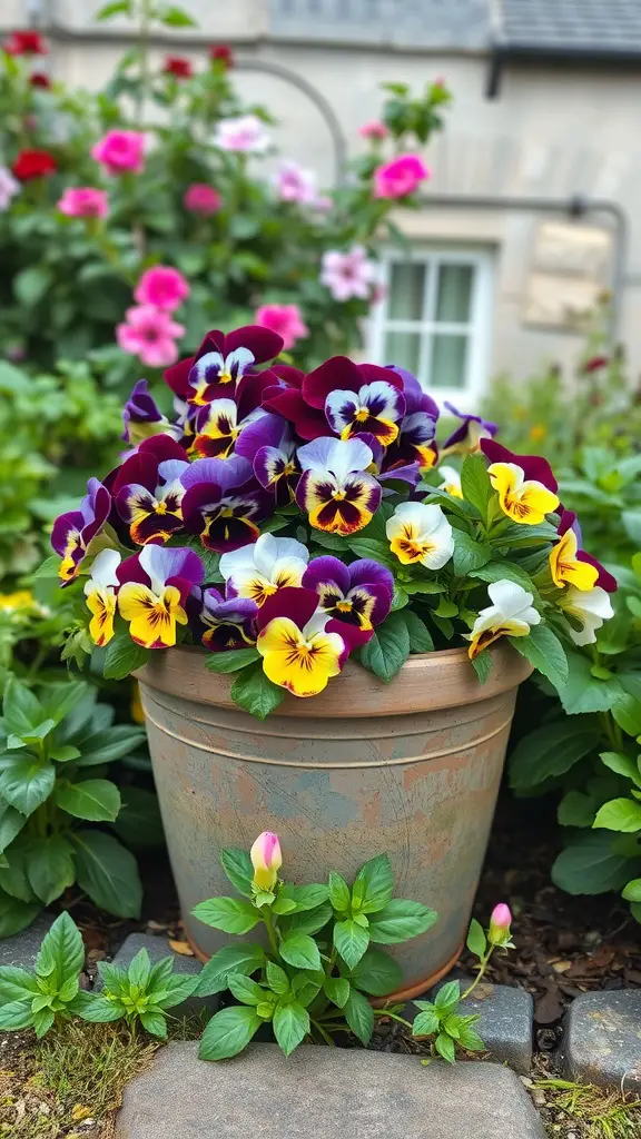 25 Creative Flower Pot Ideas for Mother's Day 8 A flower pot filled with vibrant pansies in purple, yellow, and white, set in a lush garden.