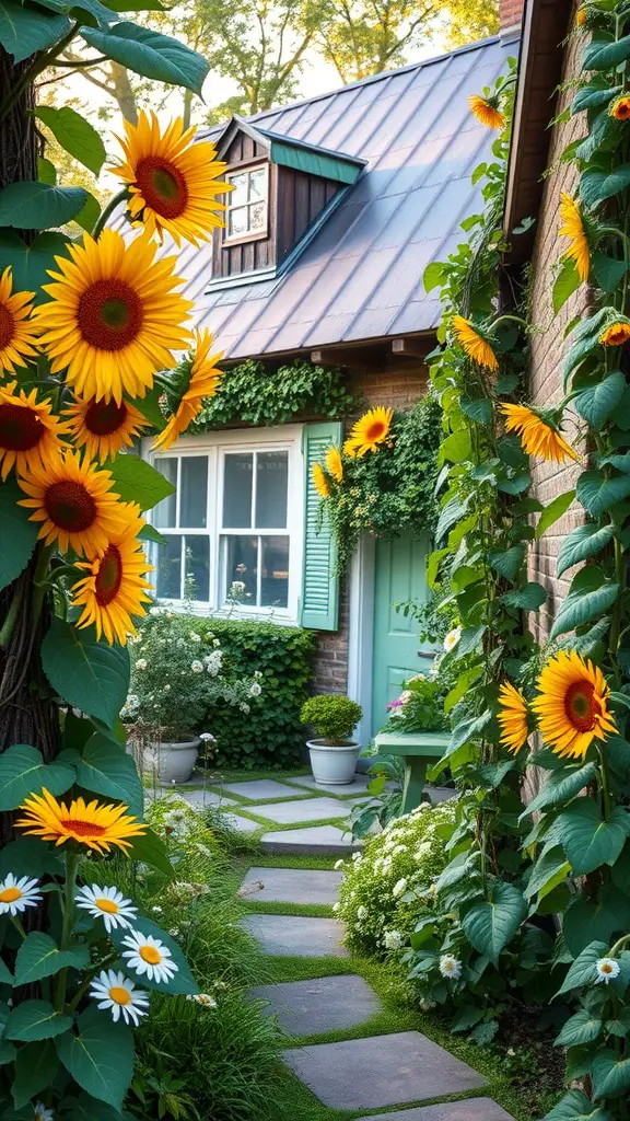A picturesque cottage garden with vibrant sunflowers lining a stone pathway leading to a cozy home.