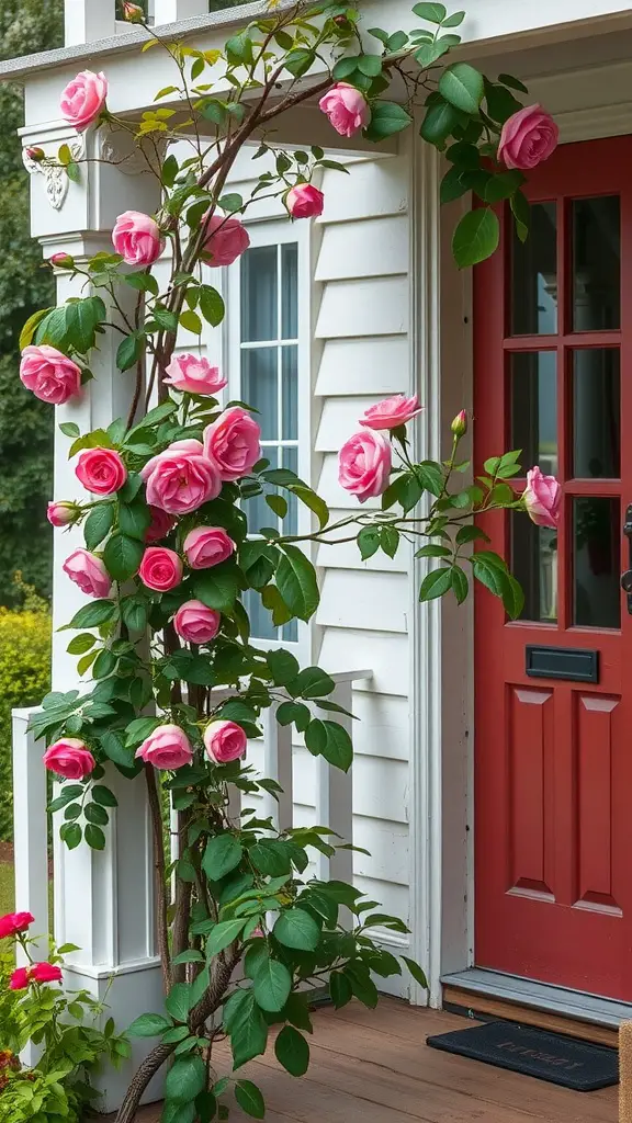31 Stunning Porch Flower Ideas to Brighten Your Space 22 A porch with climbing pink roses next to a red door