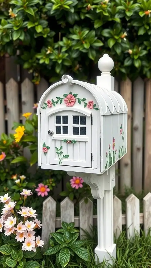 29 Creative Mailbox Decorating Ideas to Spruce Up Your Curb Appeal 25 A white mailbox with floral designs surrounded by colorful flowers and greenery.