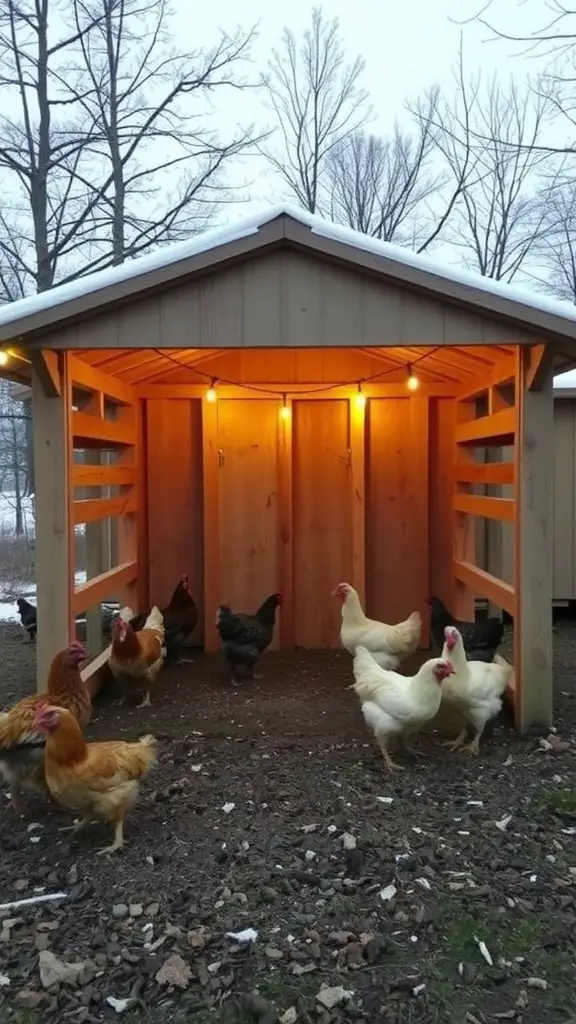 A cozy and insulated walk-in chicken coop with chickens roaming outside, featuring soft lighting and a wooden structure.