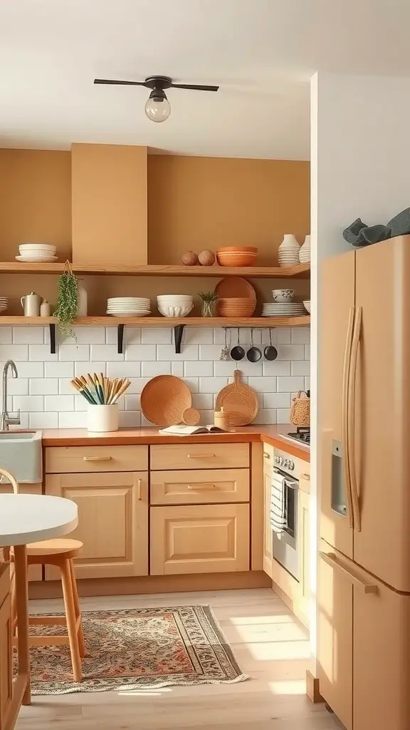 27 Cozy Kitchen Ideas to Create a Warm and Inviting Space 8 A cozy kitchen featuring warm, earthy color palettes with wooden cabinets and shelves