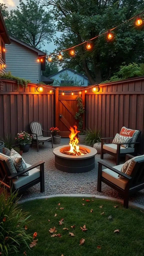 Cozy fire pit area in a backyard with chairs and string lights