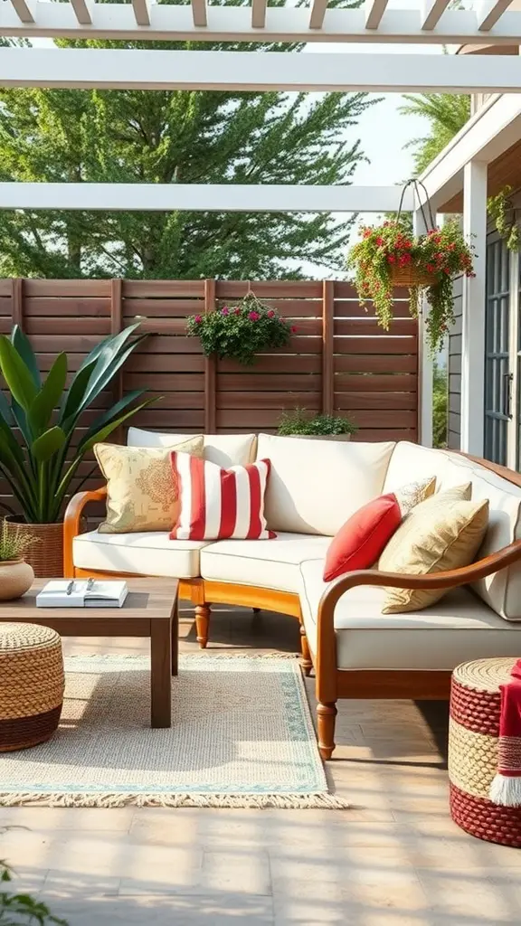 Cozy outdoor lounge area decorated with throw pillows and greenery