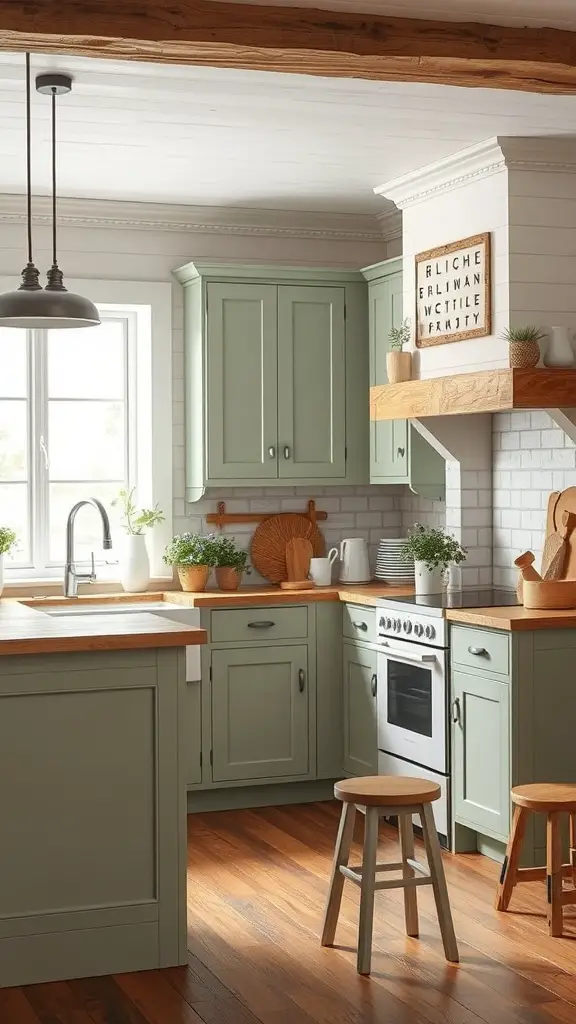 29 Stunning Sage Green Kitchen Cabinet Ideas for a Fresh Look 15 A cozy farmhouse kitchen featuring sage green cabinets, wooden countertops, and rustic decor.